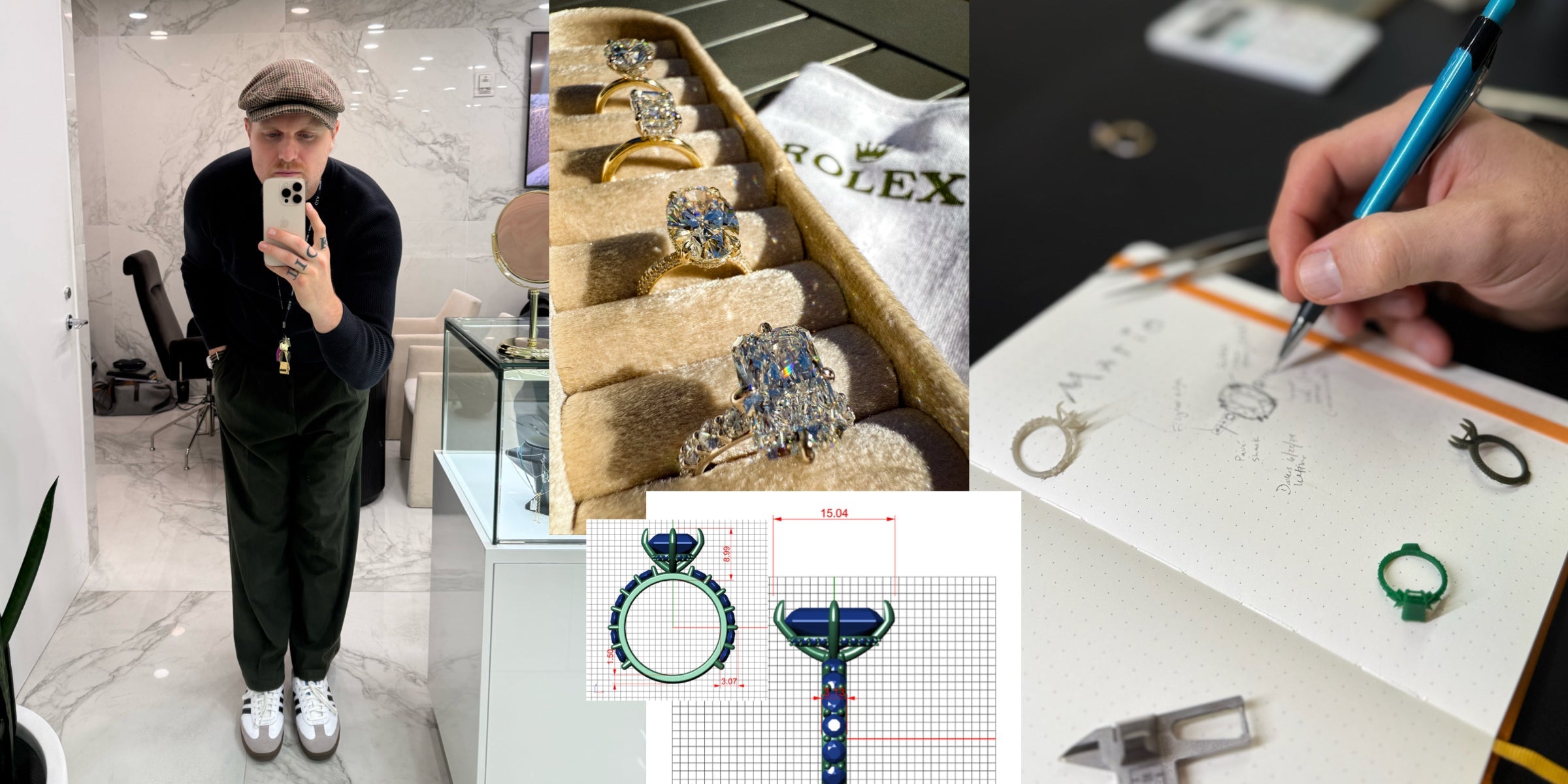 Dallas Jameson, a custom jewelry designer in dallas, tx, alongside solitaire engagement rings made with both natural diamonds and lab grown diamonds.